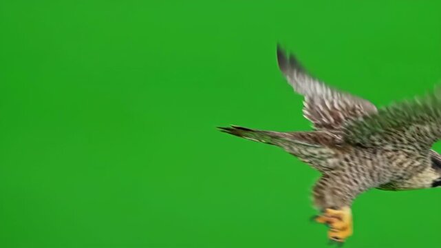 Majestic peregrine falcon diving at high speed with wings tucked and talons extended against a bright green screen for chroma key compositing