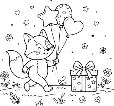 Cute fox character holding balloons and a gift box coloring book design