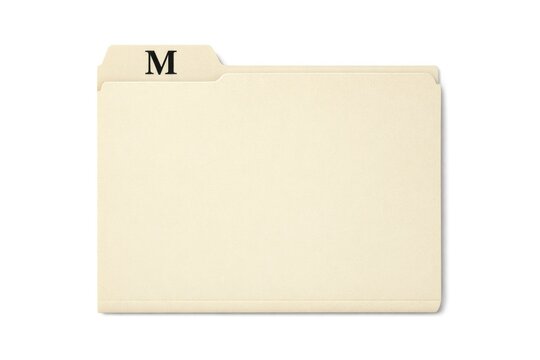 A close-up view of a folder with the letter M prominently displayed
