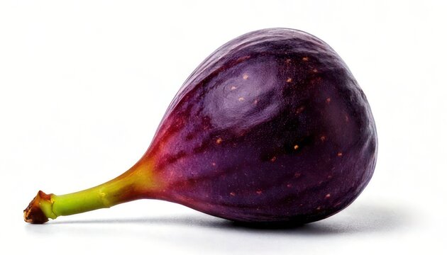 Single ripe fig with vibrant colors on a white background.