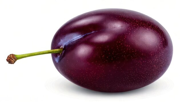 Single ripe plum with stem on white background.