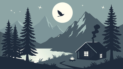 Nighttime mountain cabin scene with campfire and full moon illustration