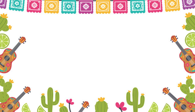 Mexican fiesta border design featuring colorful papel picado, guitars, potted cacti, and fresh lime slices on a white background.