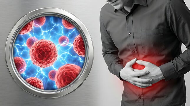 Man suffering from stomach pain holding abdomen with red glow highlighting area of discomfort next to circular portal showing microscopic view of red disease cells under high magnification.