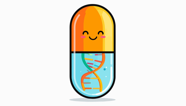 Smiling medical capsule with a colorful dna double helix inside