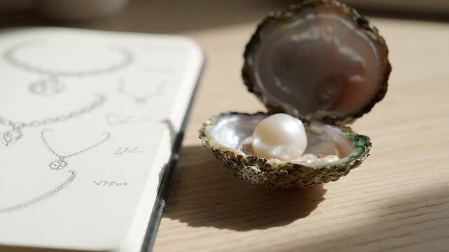 Jewelry design sketch with oyster and pearl on wooden table.