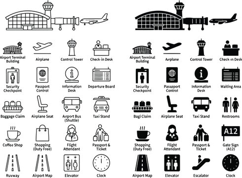 Set of black icons for airport terminal features including airplanes towers security checkpoints baggage claim areas and travel signs for navigation and information