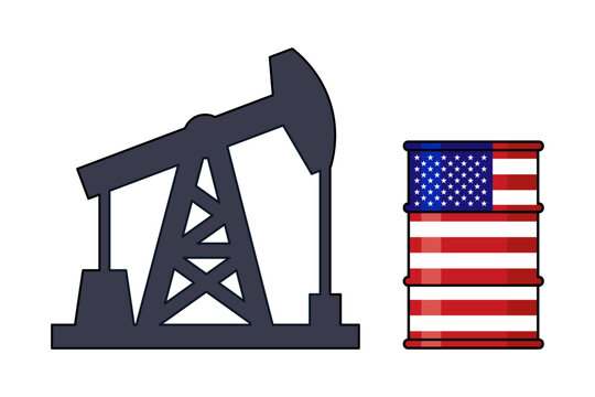 USA oil pump jack and barrel with American flag vector illustration, petroleum industry production concept