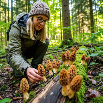 Woman wears glasses and beanie, picks morel mushrooms from mossy log in forest. She studies fungi, enjoys outdoor hobby, gathering wild food, healthy lifestyle pursuit.