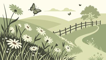 Spring meadow landscape with wildflowers and butterflies landscape butterflies © Tasfia