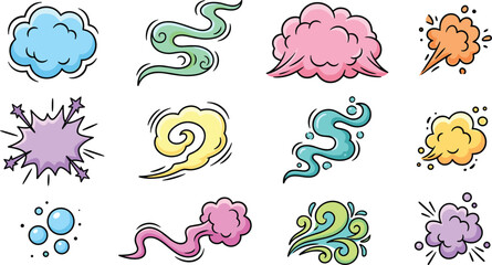 Colorful Cartoon Smoke and Steam Vector Icon Set with Comic Explosion Blast Clouds Vapor Swirls Bubbles and Bad Odor Fume Elements © Sanjida Creative