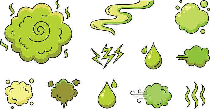 Green Cartoon Bad Odor and Stink Icon Set with Toxic Smelly Fumes Gas Clouds Lightning Bolts and Acidic Liquid Droplet Elements