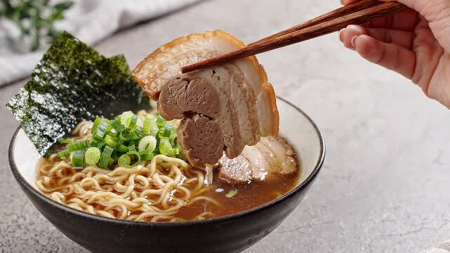 Person picking up slice of pork belly from ramen bowl with chopsticks.