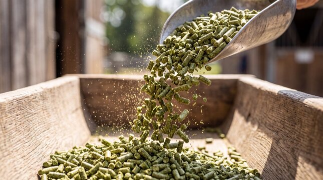 Farmer Pouring Pelleted Feed for Livestock