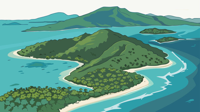 Aerial view illustration of a tropical island archipelago with island life