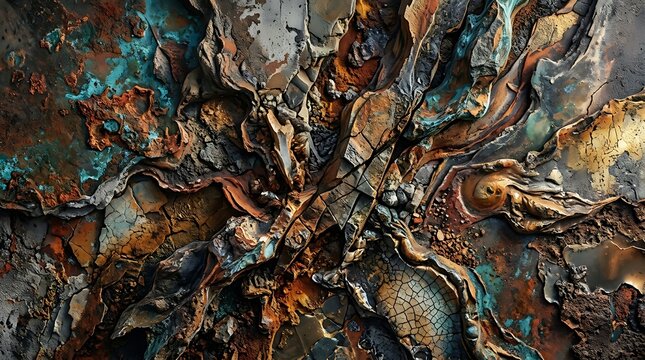 Abstract texture of oxidized metal with rust and blue patina cracks