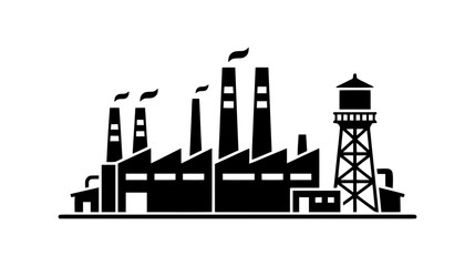 Fototapeta premium Vector illustration of industrial factory building silhouette with smokestacks and water tower on a transparent background