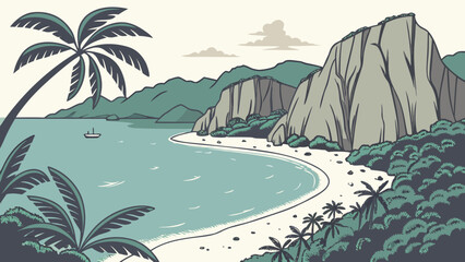 Obraz premium Tropical coastal landscape graphic with rocky cliffs and palm trees, tropical
