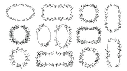 Fototapeta premium Hand drawn botanical wreath and floral frame set featuring various foliage shapes and delicate leaf patterns for elegant branding.
