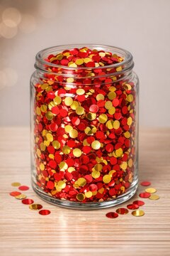 A colorful confetti jar filled with red and gold confetti