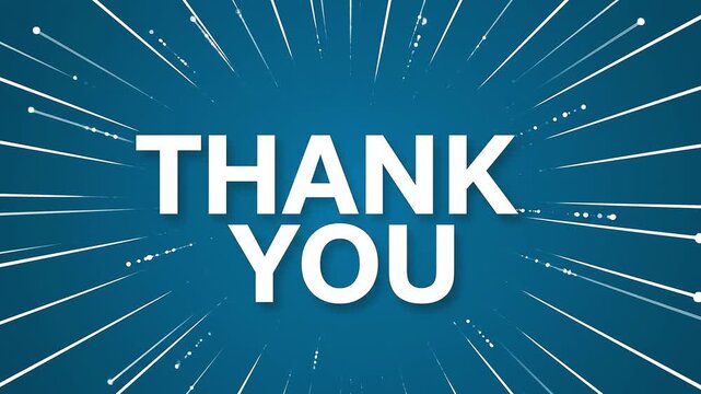 Clean blue motion graphics animation featuring a bold "THANK YOU" message with glowing typography and dynamic radial light streaks, ideal for presentations, corporate videos, social media