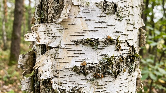 Close up view of the textured white bark of a birch tree in a lush green summer forest