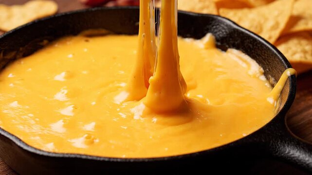 Hand dipping tortilla chip into hot melted cheese dip in cast iron skillet.