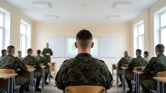 Military soldiers sitting in classroom listening to lecture by instructor in camouflage uniform at army training center education facility back view of students at wooden desks room.