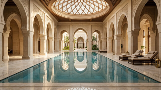 Luxurious indoor swimming pool with arched architecture and dome ceiling, exotic resort ambiance