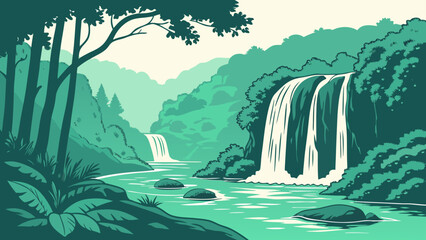 Lush tropical waterfall landscape in deep jungle forest with waterfall, tropical © Mehe
