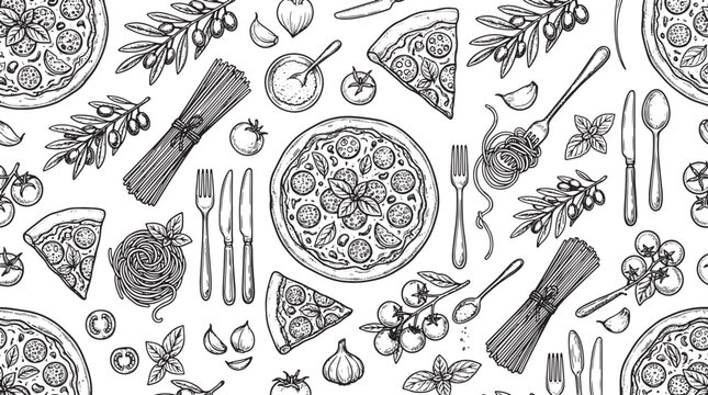 Hand drawn italian food pattern with pizza pasta olives and tomatoes in a vintage sketch style for menu design