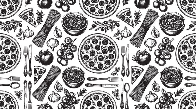 Hand drawn italian food pattern with pizza pasta tomatoes and garlic sketches on a white background for menu design
