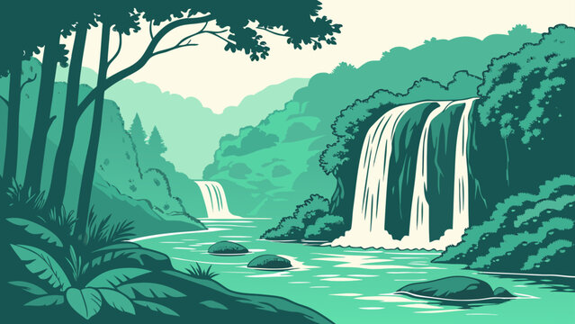 Lush tropical waterfall landscape in deep jungle forest with waterfall, tropical