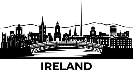 Obraz premium Black and white silhouette of the dublin city skyline featuring famous landmarks and the liffey river