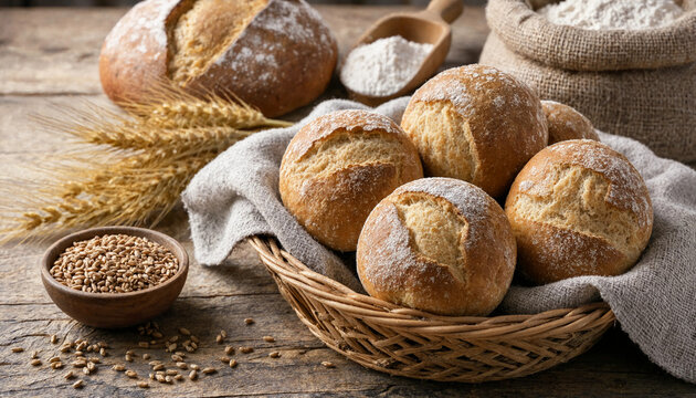 Freshly baked crusty bread rolls in a wicker basket with wheat stalks, flour, and grains on a rustic wooden table for bakery concept
