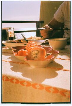 Salmon Sushi Rolls in Warm Evening Light, Funchal, Madeira