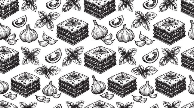 Hand drawn lasagna pattern with tomato basil and garlic cloves in a vintage sketch style for culinary menu design