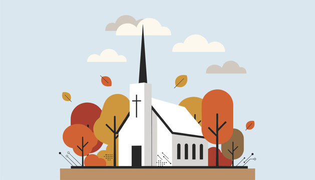 Small modern church building with cross surrounded by autumn foliage and falling leaves.
