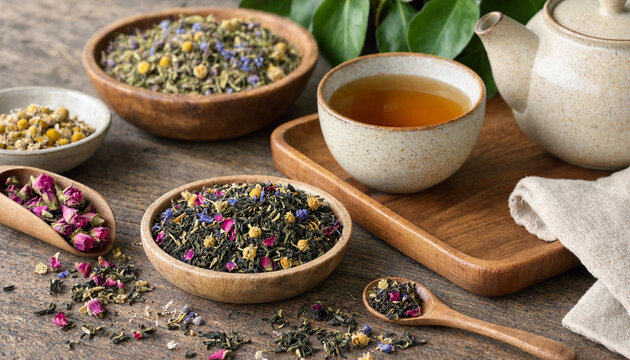 Assorted dried herbal tea leaves with rose buds, chamomile, and cornflower petals in wooden bowls and spoons on a rustic dark wooden table