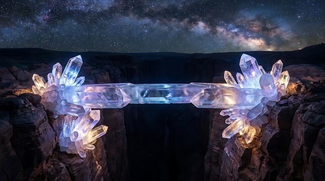 Glowing crystal bridge across canyon under starry sky.