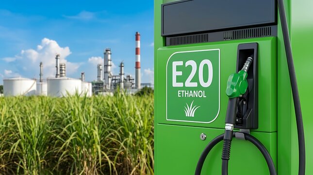 Modern green biofuel station dispenser nozzle with e20 ethanol label in front of agricultural sugarcane crops and industrial manufacturing facility symbolizing renewable energy source.