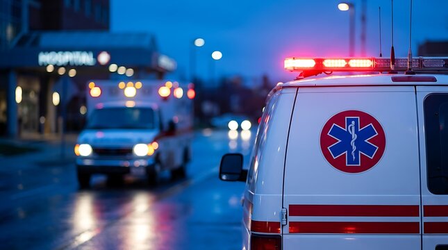 Ambulance vehicle with red flashing lights parked on street outside hospital at dusk emergency medical services transport providing urgent care and transport.