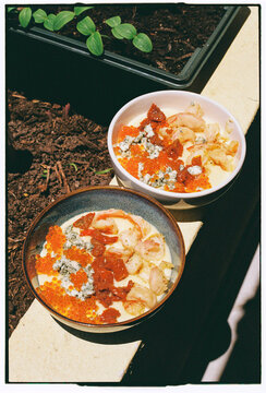 Gourmet Bowls with Salmon Roe and Blue Cheese Outdoors, Madeira
