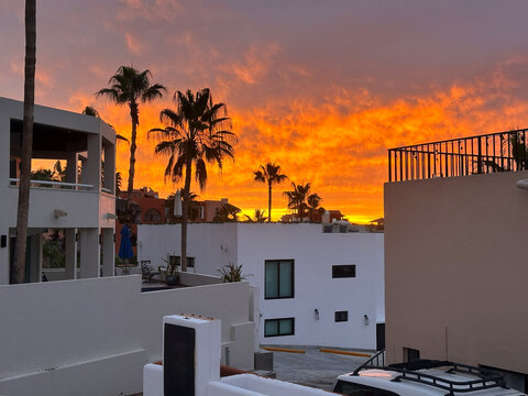 fire sunrise over residential district in tropical town