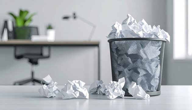 Wastebasket overflowing with crumpled paper in office setting