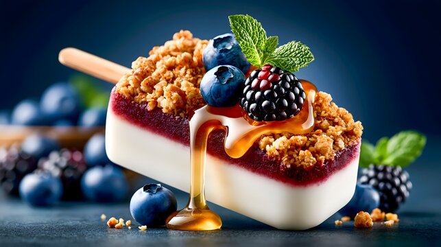 Gourmet Blueberry Popsicle With Honey and Granola Crumble
