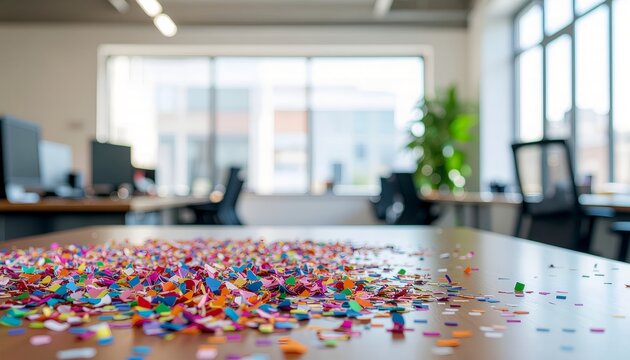 Colorful Confetti on Desk in Modern Office After Celebration