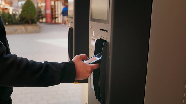 Close up view of a person making a contactless credit card payment at an outdoor self-service terminal or ticket vending machine. The individual is holding a smartphone in one hand while tapping the