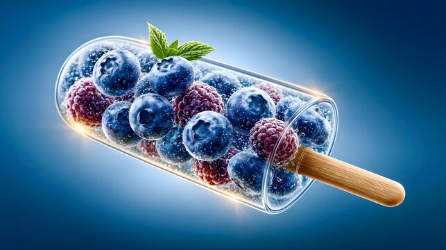 Transparent Blueberry Popsicle With Berries Inside Backlit Glow