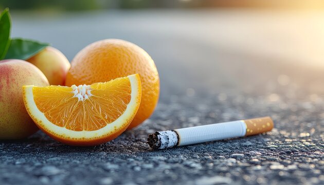 Healthy and Unhealthy Lifestyle Choice with Oranges and Cigarette